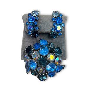 Karu Arke Signed Blue Crystal Brooch Earrings Set Selenium Glow